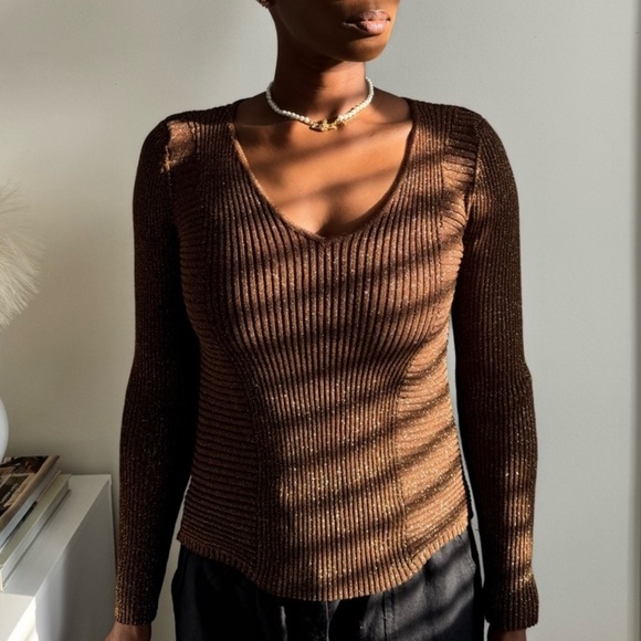INC International Concepts Bronze Metallic Brown Gold Ribbed V-Neck Sweater - Picture 1 of 7